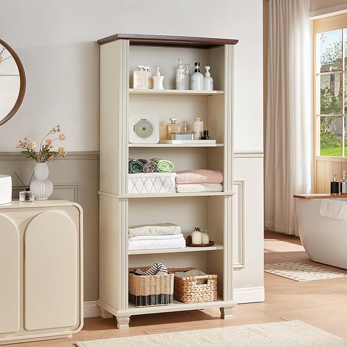 70" Tall White Bookshelf,5 Tier Wood Book Shelf with Adjustable Shelves & Wood Legs,Free Standing Farmhouse Bookcase with Open Display Storage,Vintage Kids Bookshelves for Nursery,2PCS