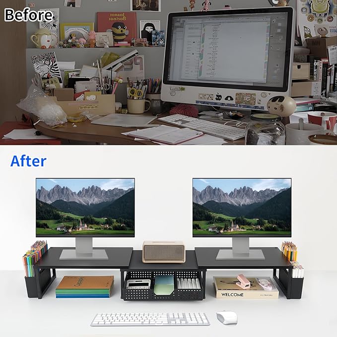Desk Dual Monitor Stand Riser - Desk Organizer with Drawer and Pen Holders, Office Desk Accessories & Workspace Organization, Computer Monitor Stand for Laptop, Printer, TV(BLACK)