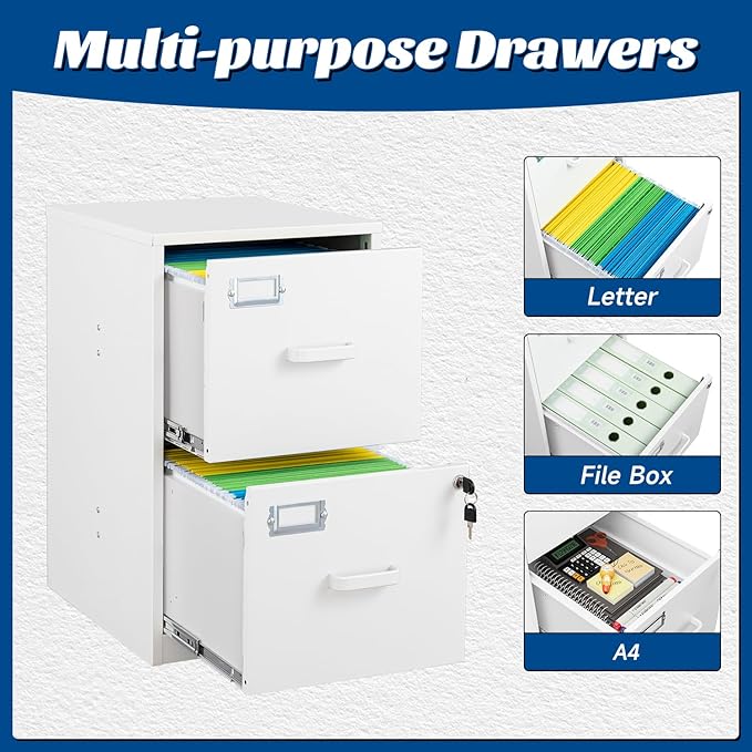 2 Drawers File Cabinet White Metal Vertical Filing Cabinets Metal Lockable Storage Cabinets with Lock for Home Office to Hanging Files