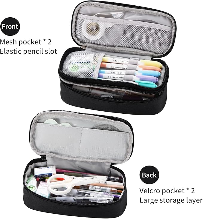 Big Pencil Case Large Capacity Pencil Bag with Zipper Pencil Pouch for Boys Girls Kids Adults Stationery Pencil Pen Case Organizer for School Office Black