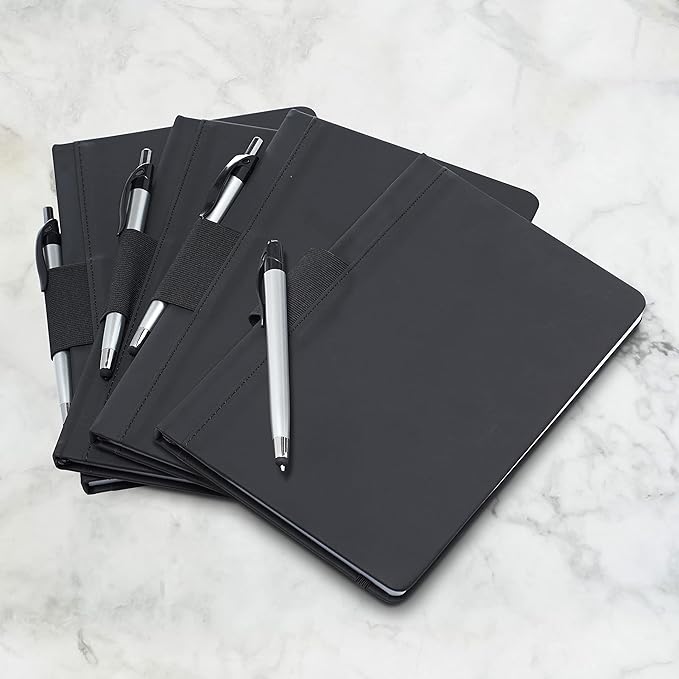 DISCOUNT PROMOS 10 Executive Notebooks with Pen Pack - 6 x 8.5 inches, Recycled, Pen Loop, Closure Strap - Black