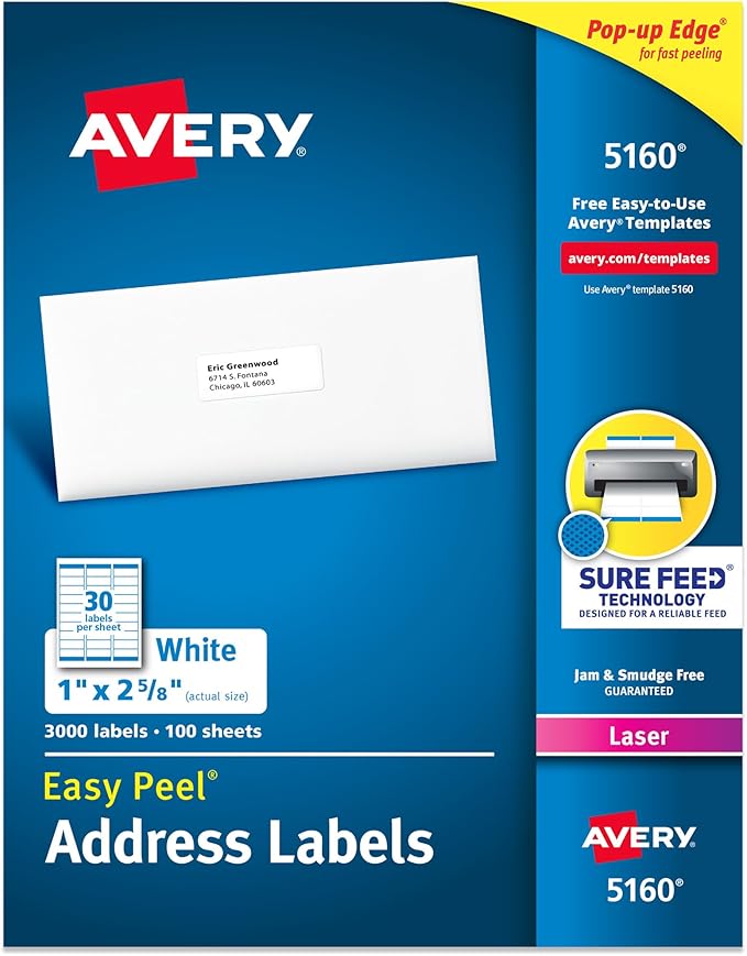 Avery Easy Peel Printable Address Labels with Sure Feed, 1" x 2-5/8" Customizable Stickers, White, 3,000 Blank Mailing Labels, Great for Mailing, Shipping, and More (5160)