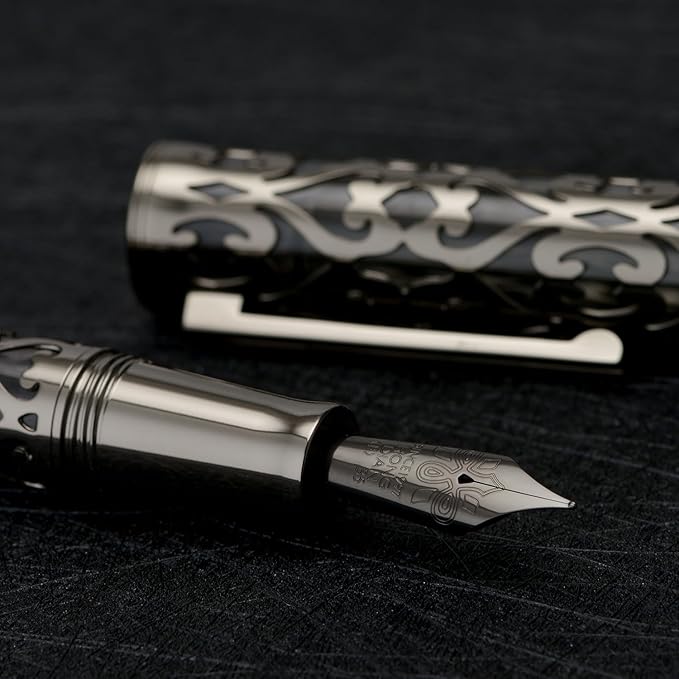 Hongdian D1 Piston Fountain Pen Fine Soft Nib, Jet Black Hollow Skeleton & Resin Pen with Metal Case Set