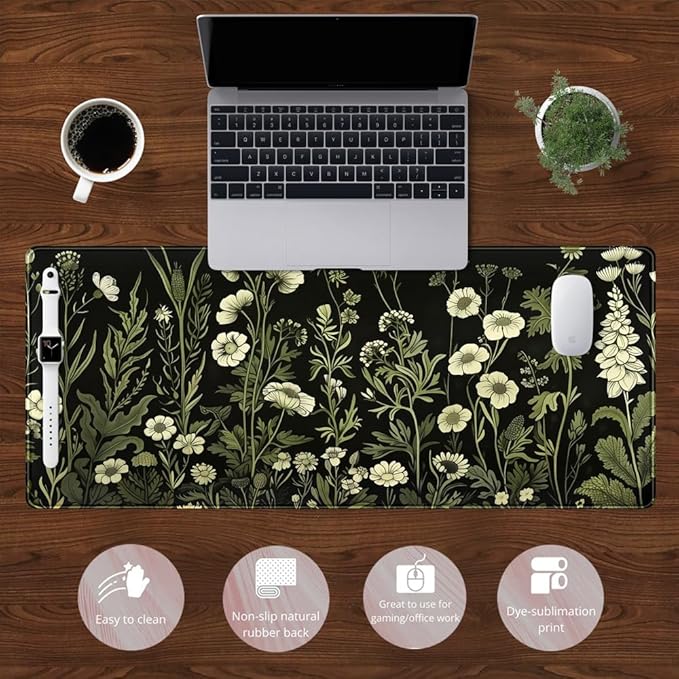 Floral Green Plant Mouse Pad Aesthetic Vintage Desk Pad Black Extended Mouse Pad Large Desk Mat for Desktop Keyboard Pad and Office Home Work Mouse Pad XXL Laptop Computer Mat 31.5 X 11.8 in