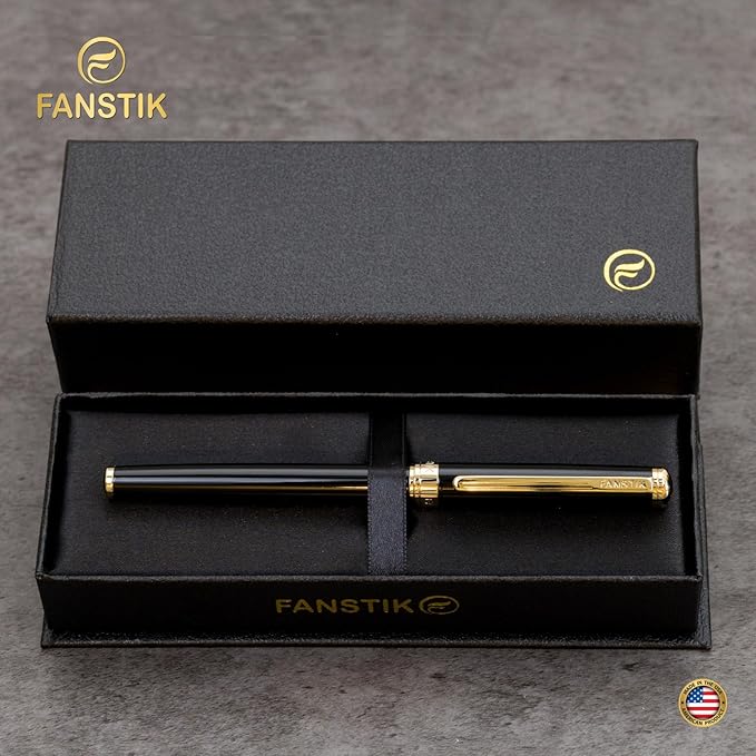 Customized Black & Gold Luxury Rollerball pen (Made In USA) fancy gift set for women, Real 24K Gold Plating, Professional executive pen gift set for men (Lux Custom-Rollerball Black-Gold)