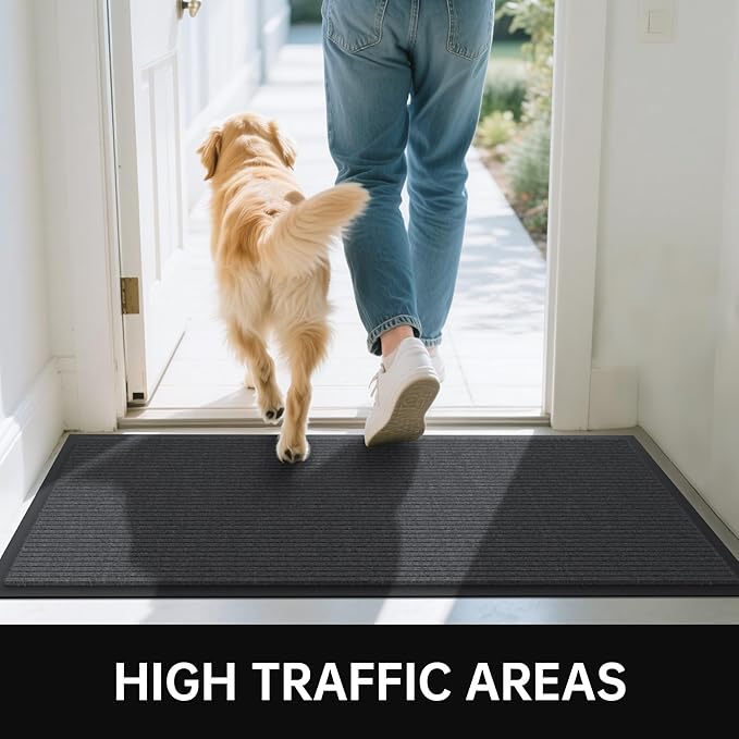 Front Door Mat, 4' x 6' Heavy Duty Indoor Outdoor Door Mat for Entryway, Commercial Door Mats Entrance, Low Profile Welcome Mats Non-Slip, Durable Rubber Backing Entry Mat for Patio, Home