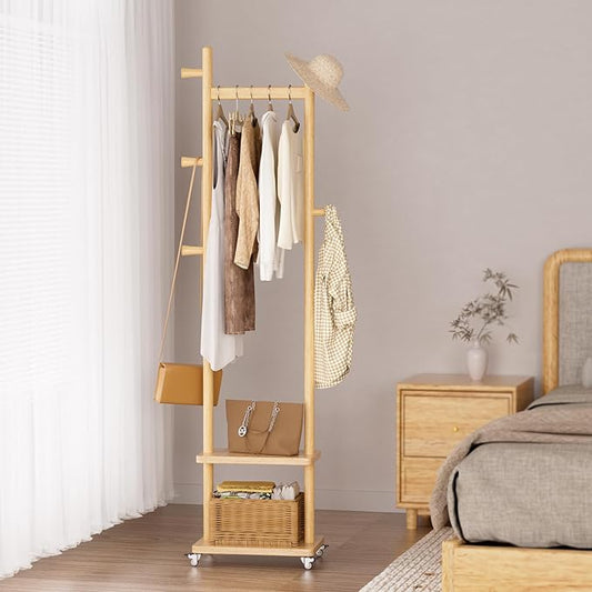 Coat Rack Freestanding Clothing Rack with Wheels & 2 Shelves Storage & 5 Hooks Heavy Duty Clothes Rack Wood Coat Tree Stand Hat Hanger Rack for Corner Bedroom Entryway Living Room Hotel