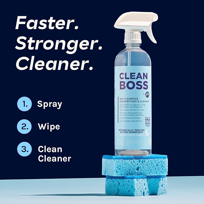 CleanBoss Botanical Disinfectant - Multi-Surface Cleaner - 128 oz - Kills 99.9% of Germs + Cold & Flu Viruses - Fresh Thyme Scent - No Rinse on Food Contact Surfaces - Pet Friendly