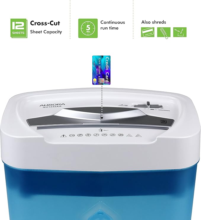 Aurora AU1232XA Anti-Jam 12-Sheet Crosscut Paper/Credit Card Shredder with 5.2-Gallon Wastebasket (White/Semi Translucent Blue)