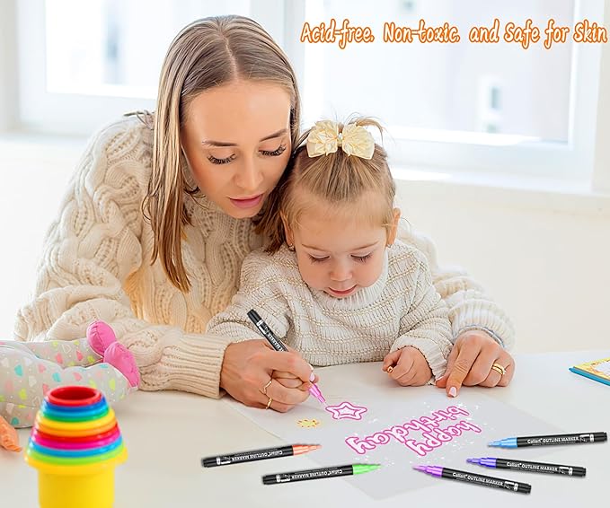 Caliart Easter Basket Stuffers, 36-Color Shimmer Double-Line Drawing Doodle Outline Markers, Teen Girl Gifts Trendy Stuff, Glitter Pens Set Classroom Art Supplies for 4-6-8-10-12 Year Old