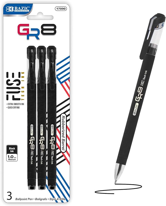 BAZIC Oil Gel Fuse Tech Ink Pen, GR8 Black Color w/Rubberized Barrel, 0.7 mm Medium Point Smooth Writing (3/Pack), 144-Packs