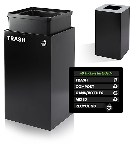 Alpine Commercial Indoor Recycle Bin - 29 Gallon Modern Looking Black Recycle Bin, Office Recycling Bins, Metal Trash and Recycling Container with Stickers & 3 Optional Lids (lid Sold Separately)
