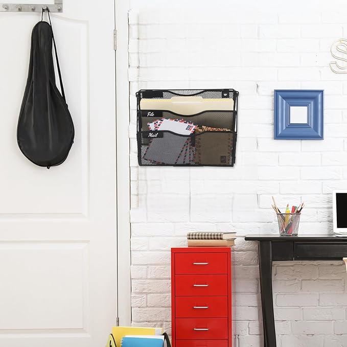 EASEPRES 3 Pocket Mesh Hanging Wall File Organizer with Hangers & Nametag Label, Wall Mounted Mail Paper Document Folder Holder, Clipboard Storage Organization Magazine Rack for Office Cubicle, Black