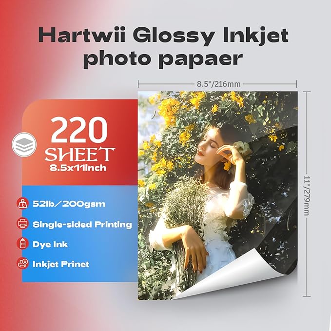 220 Pack Photo Paper Glossy Inkjet 8.5x11 inches 52lb 200Gsm Letter Size for Dye Ink Printers