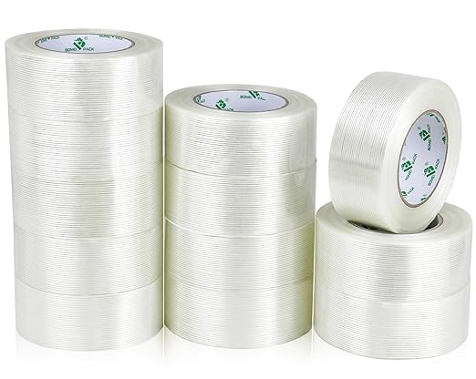 BOMEI PACK 12PACK Strapping Tape 2Inch, Heavy Duty Fiberglass Reinforced Packing Tape, 5.5Mil x 60Yds