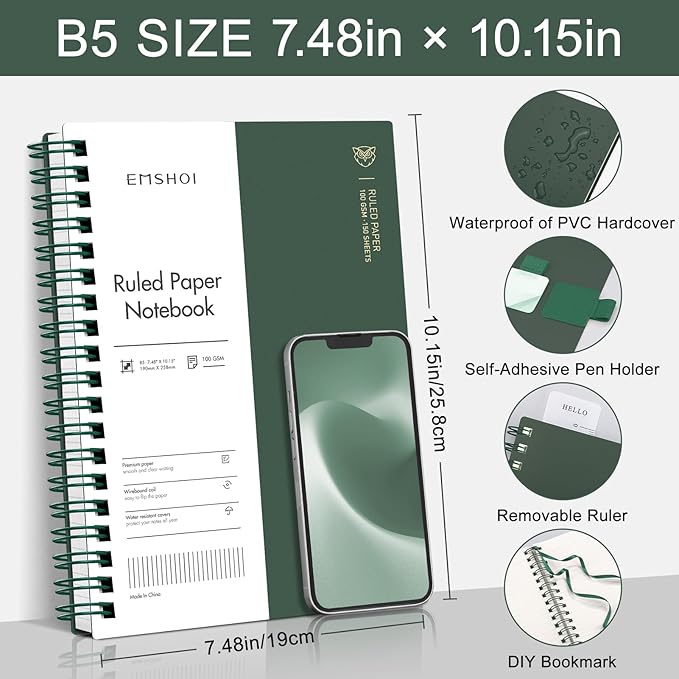 EMSHOI Lined Spiral Journal Notebook, B5 College Ruled Notebook, 300 Pages/150 Sheets, 100gsm Acid-Free Paper, Waterproof Softcover Notebook for School, Work, Note Taking, 7.48" × 10.15" - Dark Green