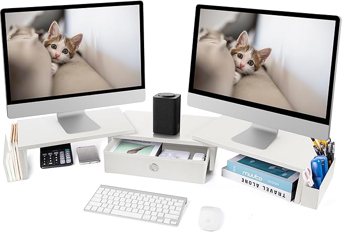 Dual Monitor Stand Riser w/ Drawer & Metal Leg, Large White Computer Monitor Riser w/ Storage For 2 Screens, Desk Shelf w/ Adjustable Length & Angle, Desktop Organizer
