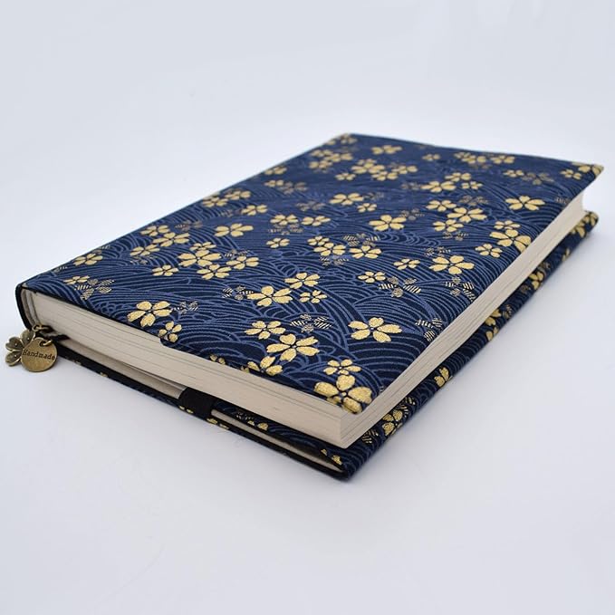BLBMH A5 Book Cover for Paperbacks Adjustable Fabric Book Jacket Cover Protector Fit for 5.5x8.3 inch Hardcover Softcover Book Novels Notebook -Blue Cherry Blossoms 8.3in