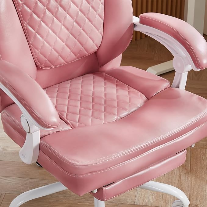Ergonomic Office Chair with Foot Rest, Executive Chair with Footrest PU Leather Computer Chair, Big and Tall Chair Reclining Desk Chair, Thick Padded Coil Spring Seat, 400 lbs Capacity (Pink)