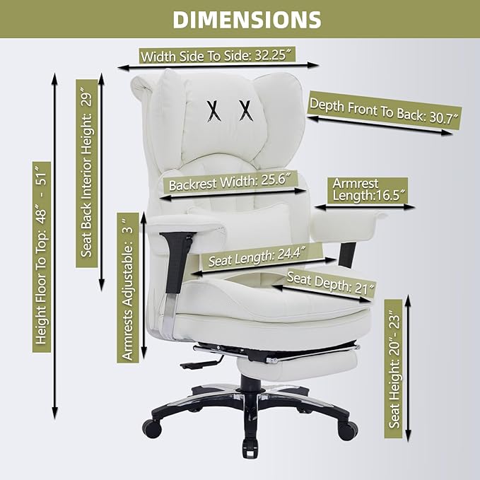 Efomao White Big and Tall Office Chair with Footrest – Ergonomic High-Back Computer Chair with Adjustable Armrests, Wide Seat – Modern Home Office, Gaming & Study Chair for Young Professionals