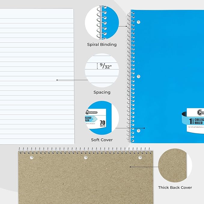 50 Pack, 1 Subject Spiral Notebook College Ruled Bulk, 140 Pages (70 Sheets), Thick No-Bleed Paper, 8 x 10-1/2", 3 Hole Punched, College Ruled Notebook 1 Subject Bulk, Subject Notebook
