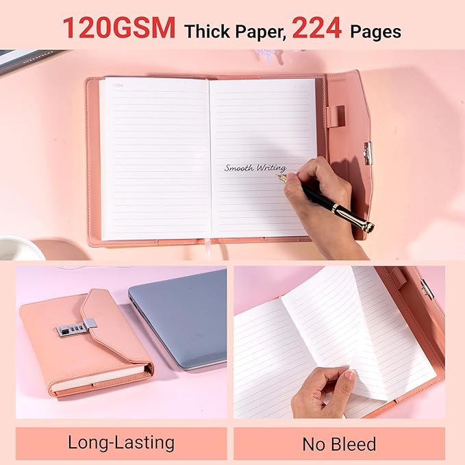 CAGIE Diary with Lock for Women, Full Wrap-around Privacy Journal Gifts for Girls, 120 GMS 224 Pages Thick Lined Notebook with Lock, 5.9 x 7.9 Inch