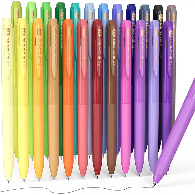 Four Candies Quick Dry Ink Colored Pens Set, 24 Colors Retractable Gel Pen, 0.7mm Fine Point Colorful Pens for Note Taking & Drawing, Colored Gel Pens with Comfort Grip for Office, School & Home