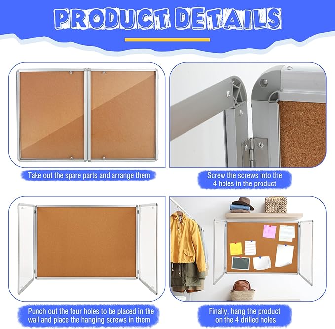 2 Pack Enclosed Bulletin Board 48"x36" Weather Resistant Lockable Enclosed Notice Cork Case Display Board Wall Mounted 2 Locking Door Aluminum Frame for Back to School Classroom, 12xA4(Brown)
