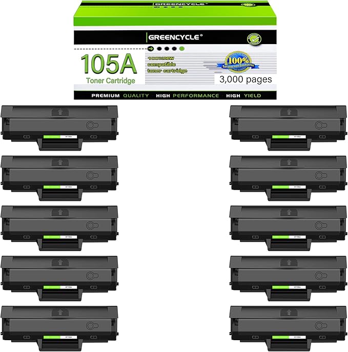 greencycle 105A Compatible Black Toner Cartridge Replacement for HP 105A 105 W1105A 1105A High Yield to use for Laser MFP 137fnw 135a 135w 107a 107w Printer (10-Pack, 3000 Pages)