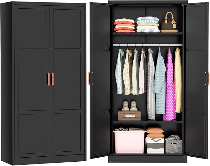 Greenvelly Metal Wardrobe Cabinet, 72" Black Armoire Metal Wardrobe Closet for Hanging Clothes with Wooden Handle, Modern Clothes Cabinet for Home, Office,Bedroom, School,Gym