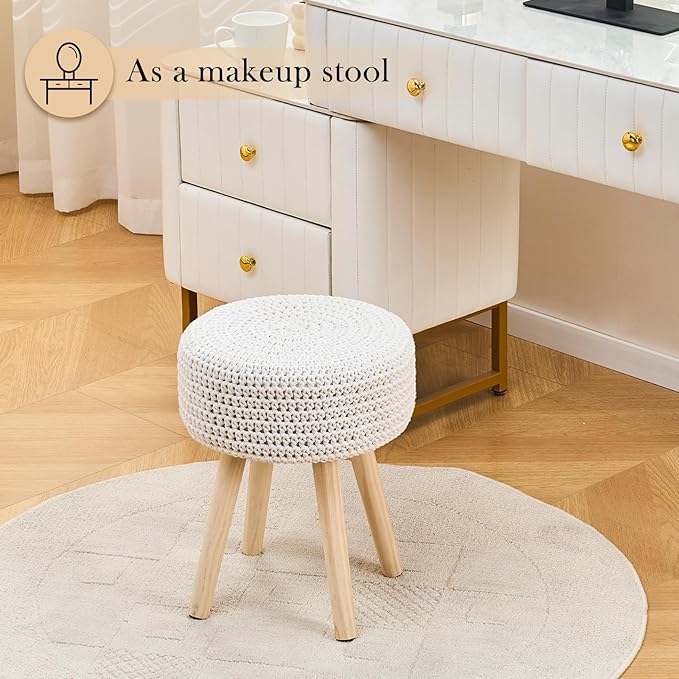 Cotton Knitted Ottoman Round Footstool Vanity Stool Modern Stool Ottoman Footrest Stool with Non-Skid Wood Legs for Living Room Bedroom White
