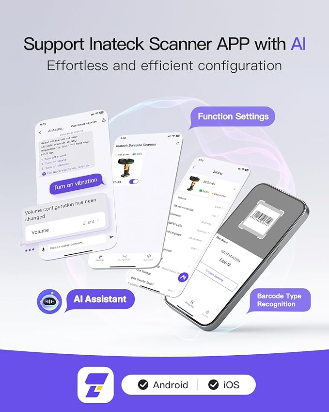 Inateck Industrial Barcode Scanner Bluetooth, 1D Scanner Wireless with IP67 Waterproof and Dustproof, Handscanner with App & SDK，BCST-61
