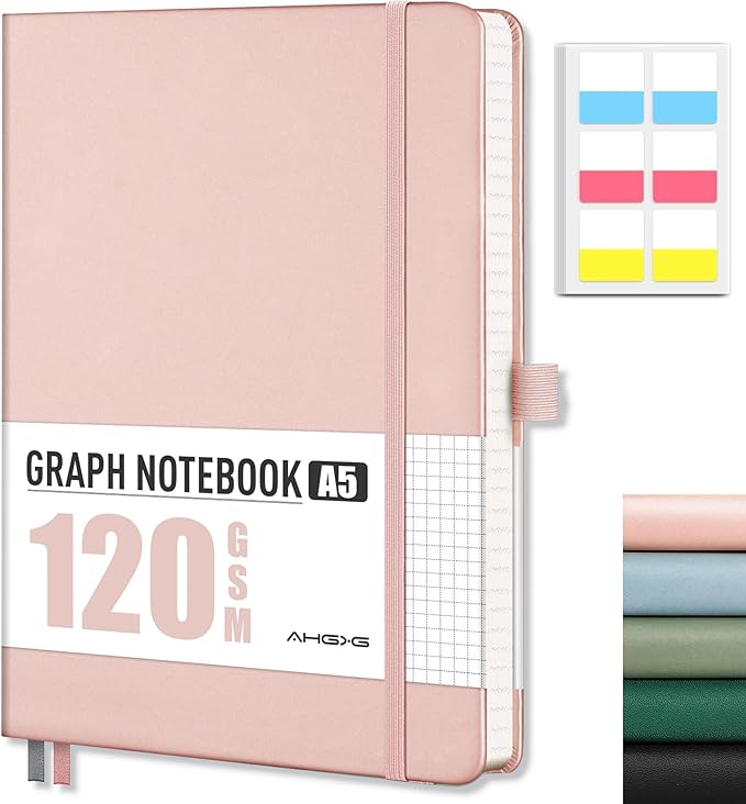 AHGXG Graph Paper Notebook - Grid Notebook Journal A5, 120 GSM Thick Graph Paper, 160 Pages, Leather Hardcover, for Graphing, Writing, Math, Engineering, 5.75'' × 8.38''- Rose Gold