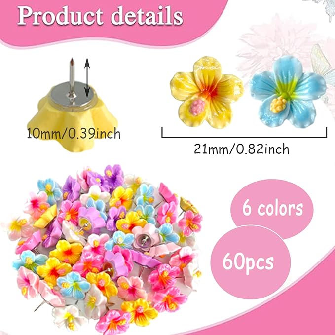 60 pcs Flower Push Pins Cute Decorative Flower Thumbtacks Color Pushpins for Bulletin Cork Board Photo Wall Display Map Home Office Organization