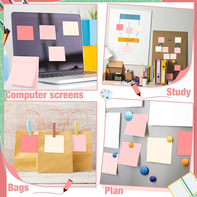 Fainne 60 Pack Sticky Notes Bulk Back to School Supplies Self Stick Note Pads Paper Memo for Office First Day of School Student Teacher Essentials (3x3 Inch,Pink)