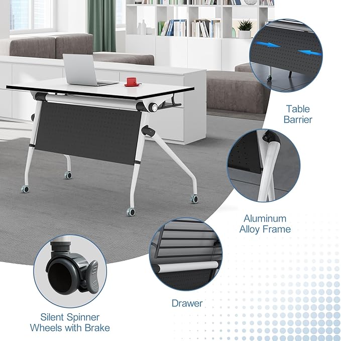 Conference Table, Folding Conference Room Tables, Mobile Training Tables with Silent Wheels, Large Rectangular Modular Seminar Table Office Computer Desks for Classroom White (4Pack L70.9in)
