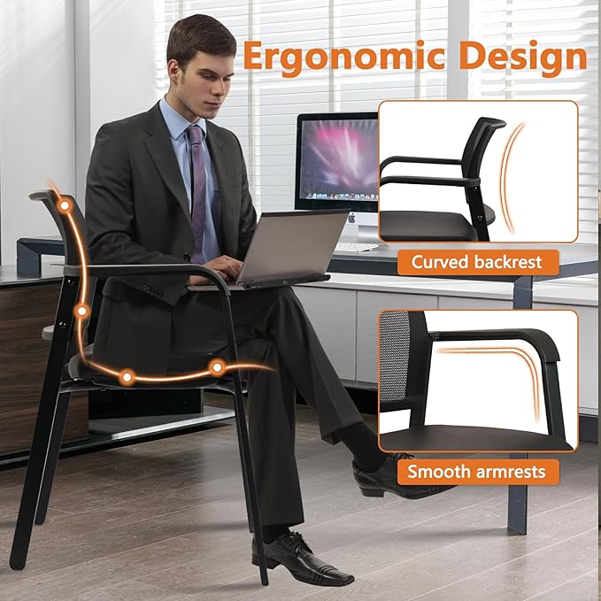 CLATINA Stackable Office Chair, Mesh Back Guest Chairs with Comfortable Leather Seat Arms Stacking Ergonomic Desk Chair No Wheels for Conference Waiting Reception School Side Stationary, Black