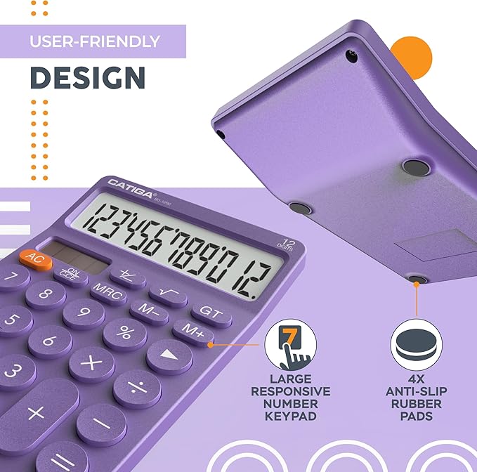 CATIGA 12 Digit Desktop Calculator Basic Desk Calculator with Large LCD Display, Big Buttons, 4 Function, Solar and Battery Dual Power, for Office, School, Home, SD-1292 Purple
