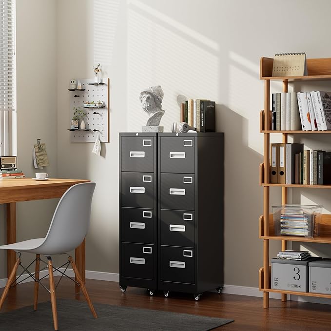 Aobabo 56" H 4 Drawer Moblie File Cabinet with Lock, Metal File Cabinet for Home Office with Wheels, Storage Legal/Letter A4 Size, Black, Assembly Required