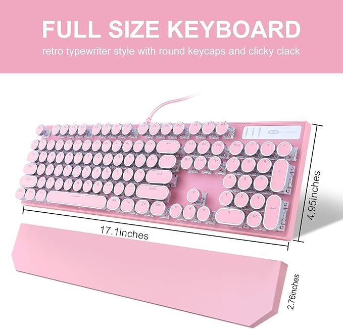 Camiysn Typewriter Style Mechanical Gaming Keyboard, Pink Retro Punk Gaming Keyboard with White Backlit, 104 Keys Blue Switch Wired Cute Keyboards, Round Keycaps for Windows/Mac/PC