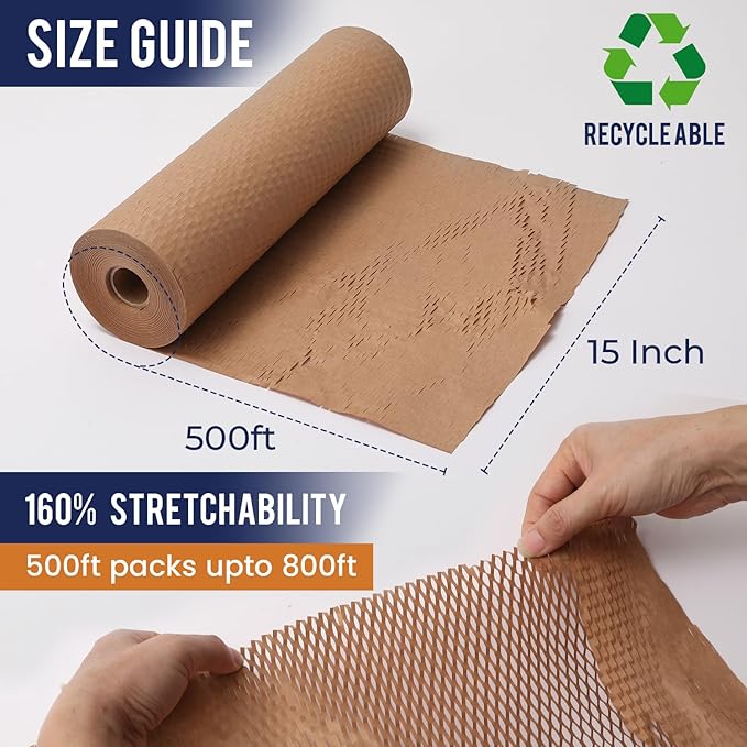 Honeycomb Packing Paper 15" x 500ft with Rope & 20 Fragile Stickers|Shipping & Moving Supplies|Small Business Packaging Supplies|Eco Friendly Bubble Wrap Packing Boxes for Moving Certified FSC C204227