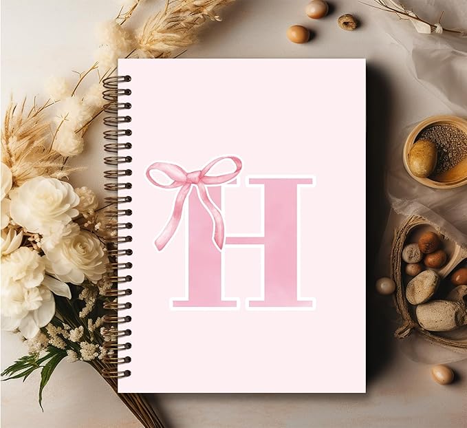 Coquette Trendy Preppy Pink Bow Spiral Notebook,Initial H Journal Personalized Teen Girl Gifts,Monogrammed Gifts for Women Teen Girl,College Ruled Hardcover Spiral Notebook 5.5 x 8.3