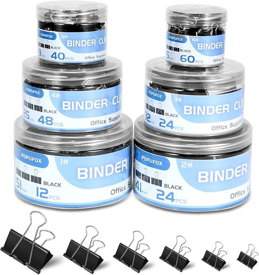 Binder Clips Assorted Sizes Including Extra Large Medium Small Mini and Micro, Office Supplies File Clamps Paper Clips, 6 Sizes in 6 Boxes, 208 PCS Metal Black Clamps for School
