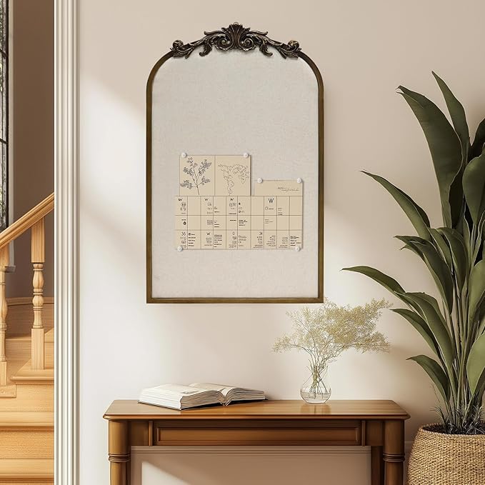 Arch Fabric Pinboard, Antique Gold Bulletin Boards 19"x31", Vintage Cork Board with Ornate Iron Frame for Wall Unique Display, Organization and Decor Options