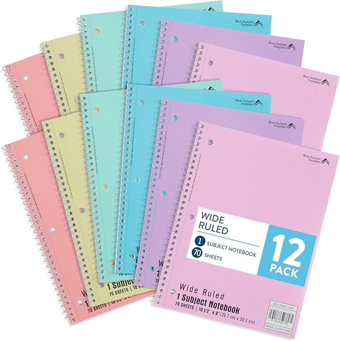 Blue Summit Pastel Spiral Notebooks, 1 Subject Pastel Notebooks Wide Ruled, Paper School Bulk Notebook, 12 Pack