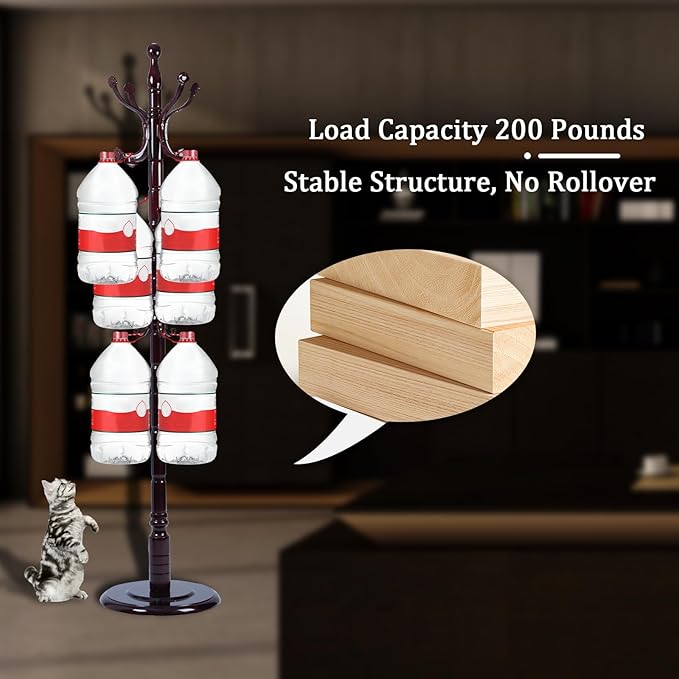 Coat Racks FreeStanding with 14 Hooks, Natural Wood Coat Rack with Solid Round Base, Adjustable Height Coat Racks, Easy Assembly for Hallway, Bedroom and Office (Rosewood Ruyi Hook)