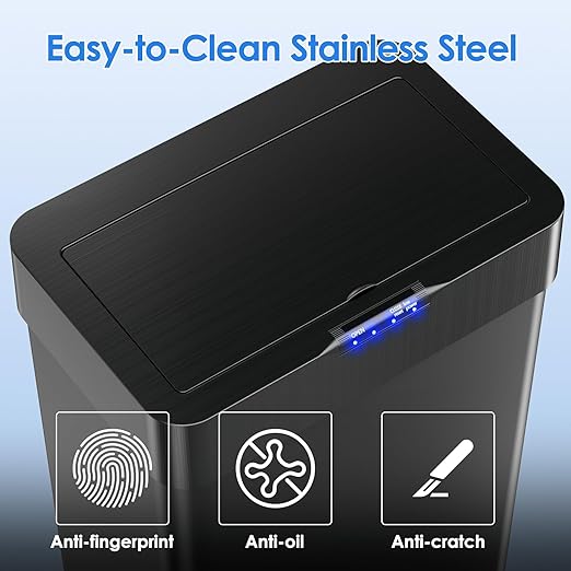 AthLike Sensor Trash Can, Touchless Motion Sensor Trash Bin, Smart Automatic Garbage Can with Soft-Close Lid, Bag Retainer Ring and Display Light,for Kitchen,Living Room Office (Black, 13.2 Gal)