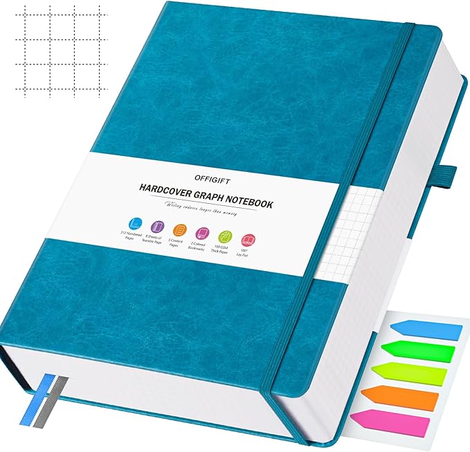Graph Paper Notebook, 312 Numbered Pages Large A4 Hardcover Leather Journal, 100gsm No Bleed Grid Paper Notebook with Index Pages, Squared Grid Notebook for Graphing Notes Math, 8.5'' × 11'', Blue