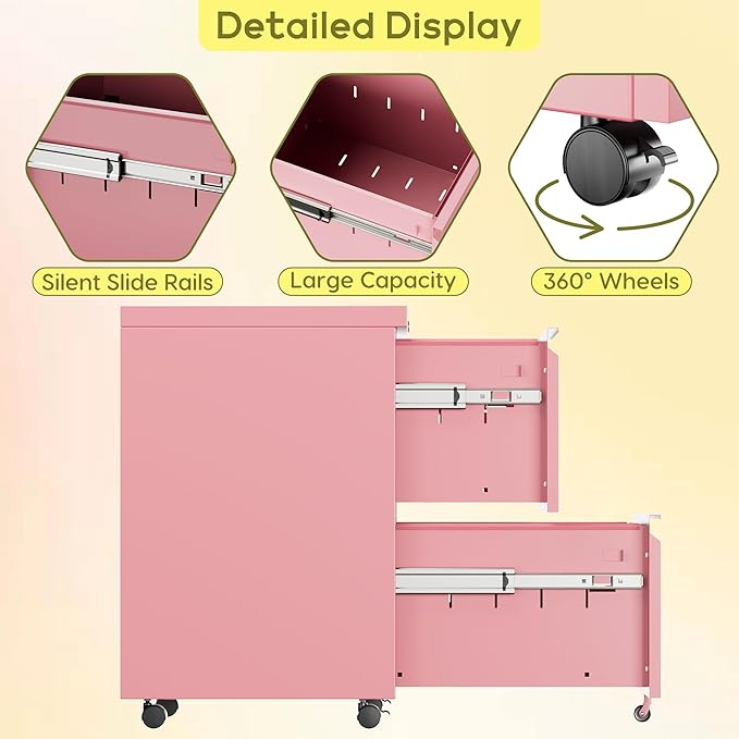 Aobabo Metal 2 Drawer Office File Cabinet with Lock, Under Desk Office Steel Files Cabinet on Wheels, 25.6''H Legal/Letter A4 Size, Fully Assembled Except Wheels,Pink