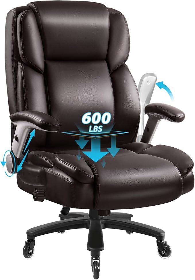 Big and Tall Office Chair 600lbs, Heavy Duty Executive Office Chair for Heavy People, Brown High Back Office Leather Ergonomic Chair with Adjustable Armrests and Lumbar Support for Computer Desk Chair